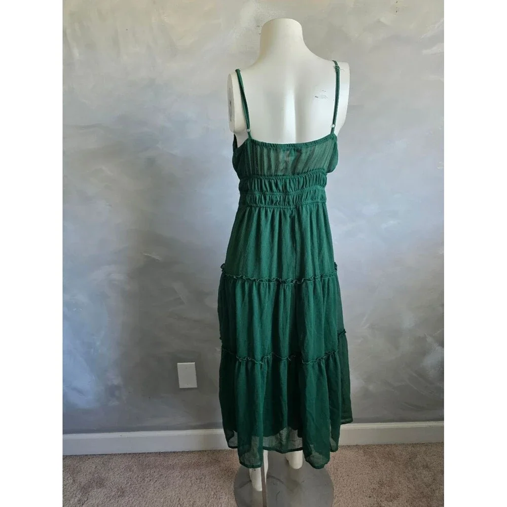 Women's Sleeveless Deep Green V Neck Dress Ruffle Tiered Midi Sz L Babydoll - Picture 5 of 9